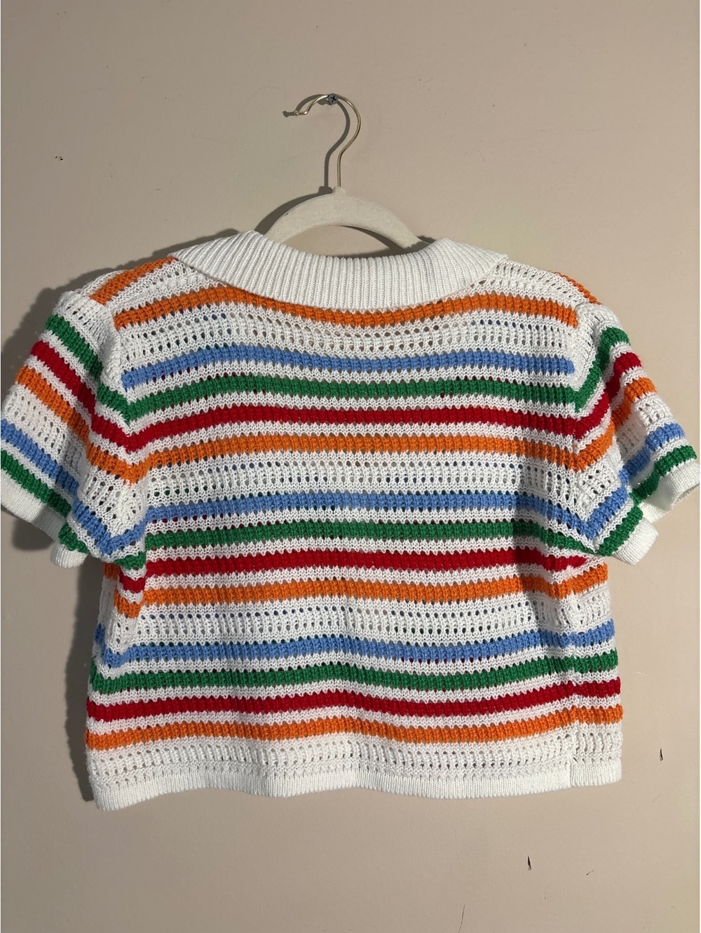 Vintage Crocheted Striped Button-Up Short Sleeve Top - Picture 5 of 6
